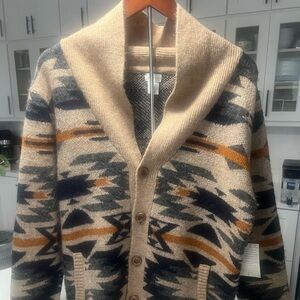 Aspen Mens Southwestern Shawl Collar Cardigan Sweater Geometric Tan Grey Medium